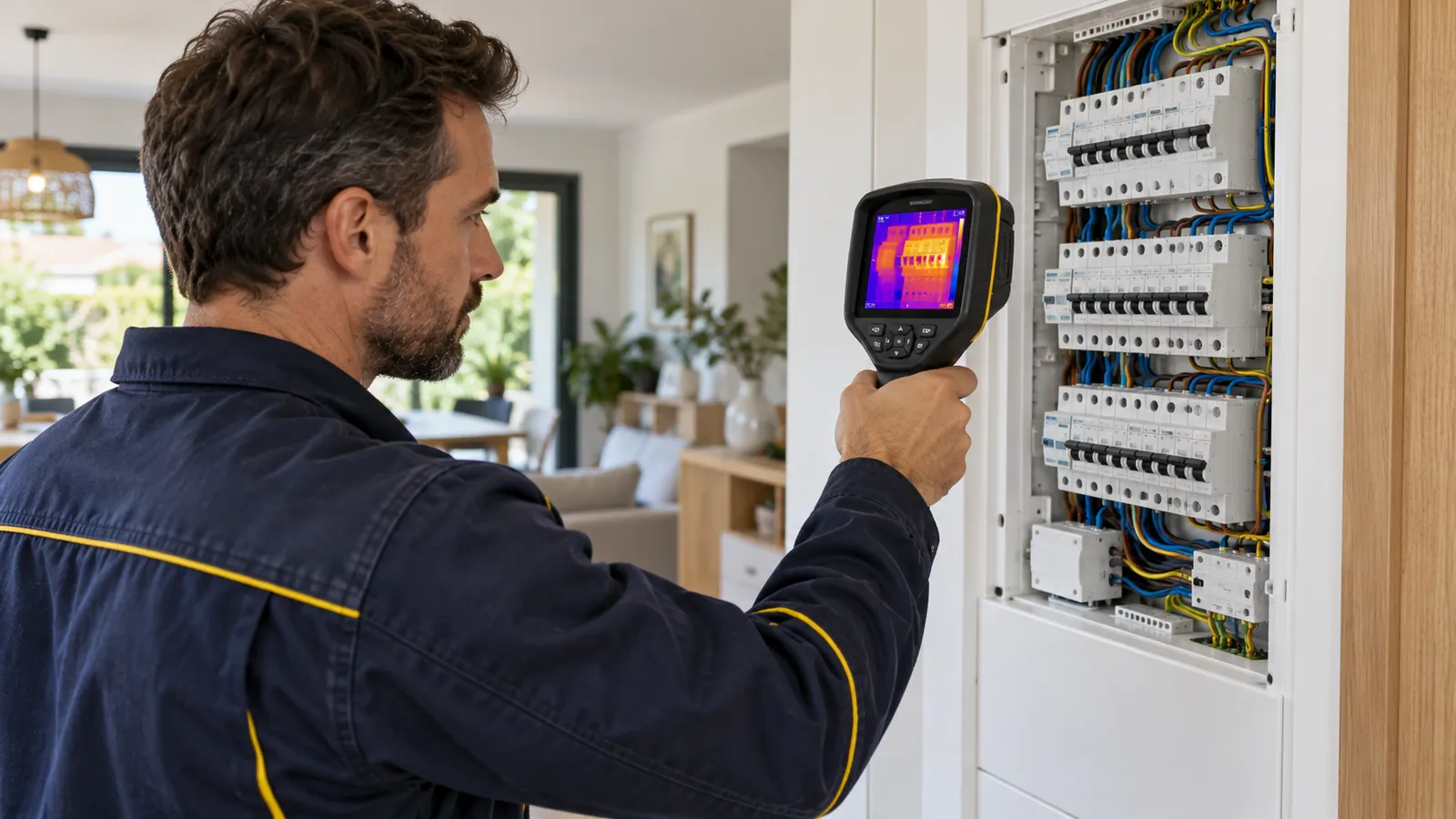 Électricien vérifiant un tableau électrique avec une caméra thermique