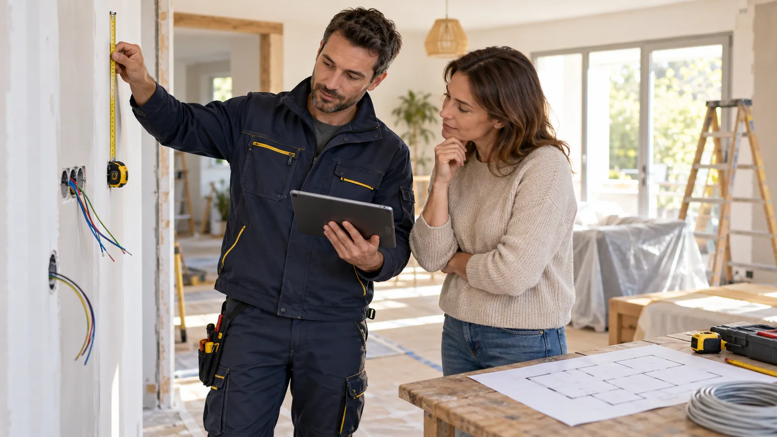 Électricien préparant des travaux électriques dans une maison en rénovation