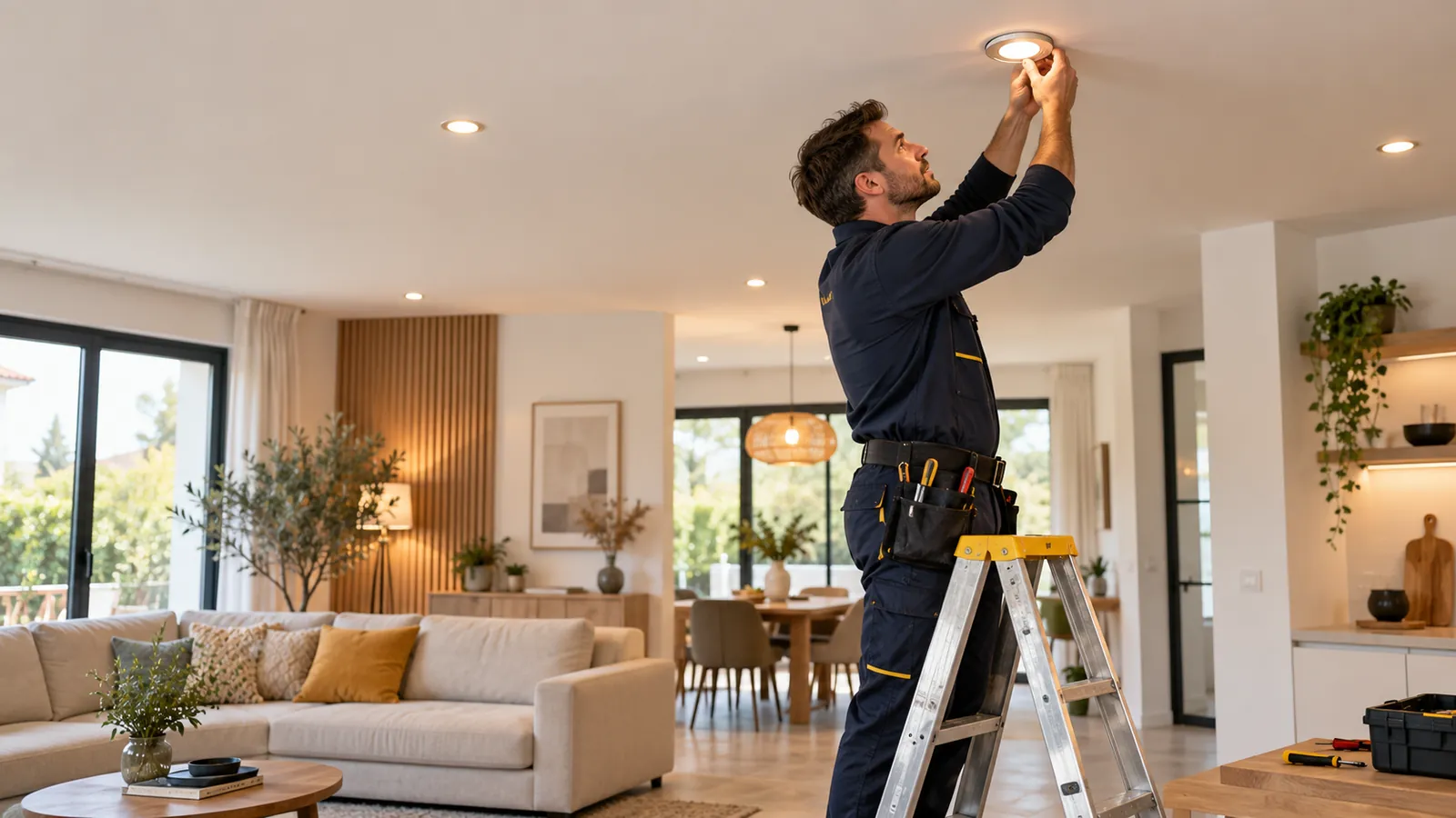 Électricien installant un éclairage encastré au plafond